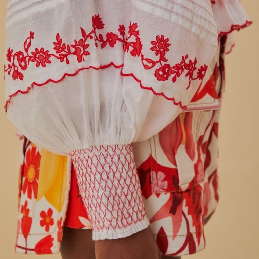 NEW FARM Rio Off-White with Red Embroidered Long Sleeve Blouse Cotton Size XXS - Picture 5 of 16